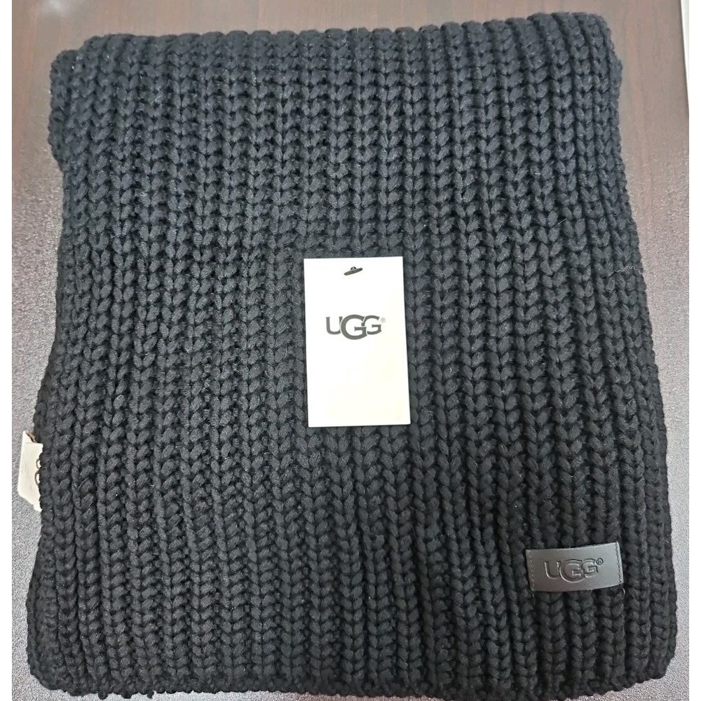 NWT UGG Scarf Chunky Rib Knit Black 88"L x 10"W Wool Blend Cozy Winter Warm